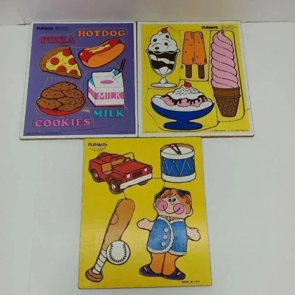 Vintage 1980'S Wooden Playskool Tray Puzzles Bundle of 3